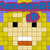 Pixelated character with yellow hair, black eyes, white teeth, and orange mouth against yellow grid background with blue and purple text above.
