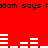 Red background with black text repeating 'adam says' and white horizontal bar patterns in three