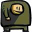 A cartoon figure in a dark green outfit with a light brown face undergoes sequential animation changes including facial expression shifts and red splatter effects.