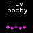 Pixelated text 'i luv bobby' above five pink and purple heart icons on a black background, with animation changing the central heart's color.