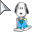 Pixelated cartoon dog with gray ears and white face, wearing blue overalls and a small orange dot on chest, standing against gray background with two triangular flags.