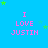 Blue background with pink text reading "I LOVE JUSTIN" repeated in a pattern, surrounded by green star shapes