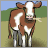 Pixelated image of a brown and white cow standing in a field with green grass, blue sky background.