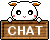 Pixelated white animal with orange ears and red cheeks peeks over a brown wooden sign reading CHAT, showing two distinct facial expressions.