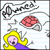 A cartoon-style animation of a character with pink skin and yellow hair lying on lined notebook paper, with a red-shelled turtle above them and a speech bubble saying "powned!".