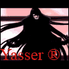 Silhouette of a long-haired figure in various poses against a pink and red -patterned background with 'Yasser ®' text