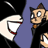 Pixelated cartoon character with brown hair and glasses, wearing black clothing, shown in multiple poses against purple background.