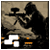 Pixelated static icon showing a dark silhouette of a figure with long hair holding an object, set against a muted brown background with white and orange elements at the bottom.