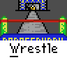 Pixel art animation of a wrestling match with orange and green characters, repeated "Wrestle" text labels, and blue banner text across multiple frames showing different stages of the match.