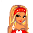 Pixel art contact sheet of a blonde woman in red Valentine's Day outfit with three poses and text elements.