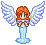 Pixelated angel figure with orange hair, blue dress, and white wings in multiple poses on gray background.