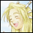 A 48x48 pixel buddy icon split into two frames showing a blonde anime-style character with closed eyes and a black background with text.