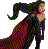 Pixelated figure in dark hooded cloak with red and purple pattern, long flowing hair, standing against light gray background.