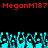 Red pixel text 'MeganM187' repeats across a black background above a of cyan pixelated shapes resembling hands or flames