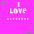 A bright pink background displays the text "I LOVE" in white pixelated letters, with green and gray star-shaped elements moving across the screen.