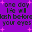 Purple background with pink plus-shaped stars and repeated black pixelated text reading "one day life will lash befordash before your eyes" in two mirrored