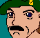Pixelated character with green beret and yellow insignia, blue eyes, black mustache, and red crosshair overlay in various positions.