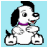 A 4x4 contact sheet of a pixelated dog animation with four distinct frames showing mouth and tail movement, displayed on light blue backgrounds with "DOGS CHAT" text and watermark.