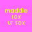 Four identical pixelated text layouts on pink background with yellow text and magenta bars, each showing 'maddie', 'rox', 'ur sox' in different positions.