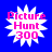 Four identical pixelated icons arranged in a , each featuring pink text on a white starburst shape against a solid blue background