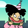 Pixelated character with black hair wears pink hoodie and party hat while holding watermelon slice against cityscape background.