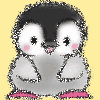 A cartoon penguin with black, white, and gray coloring, pink feet, and pink cheeks appears in four sequential poses against a yellow background.