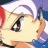 A 48x48 pixel buddy icon featuring a split composition with an anime-style character on the left and text elements on the right against a black background.