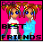 Pixel art of two figures with brown pigtails and rainbow hair clips against a bright pink background, wearing white and light blue tops with "BEST FRIENDS" text below.
