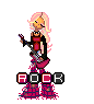 Pixel art of a blonde character with pink hair holding a guitar, standing above the word "ROCK" in block letters with pink and black colors.
