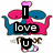 Animated pixel art of two intertwined dinosaurs with pink and blue halves, displaying text changes from "I love you" to "I love u" while hearts appear above them.