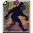 Pixelated image of a dark figure walking through a forested area with green and brown foliage, bordered by yellow and black frame.