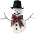 Pixelated snowman with black top hat, red bow tie, and three buttons on white background; two versions show different arm positions.