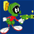 Pixelated cartoon character in green suit with red accents holding a yellow weapon, next to green text on dark background.