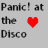 Pixelated text reads "Panic! at the Disco" with a red heart symbol on gray background, next to a dark red showing stylized figures and a clock-like object