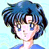 20 anime-style character headshots with blue hair, blue eyes, and a yellow crescent moon symbol on the forehead, wearing blue and white clothing against a light blue background