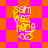 Yellow pixelated text on orange and pink checkered background with diamond pattern, showing animation of shifting