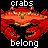 Animated pixel art of red crabs with orange shells and yellow accents, each frame displaying different text overlays on a black background.