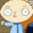 Pixelated cartoon character with large white eyes, light skin, and a small nose wearing blue clothing against an orange background.