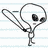 Pixelated alien character with large black eyes appears in three distinct poses across a lined paper background.
