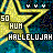 Yellow star with blue and black background, displaying '50', 'HUH', and 'HALLELUJAH' text in white pixelated font.