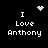 Pixelated text 'I Love Anthony' on black background with four distinct animated symbols above the text.