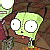 Green-skinned cartoon character with large white eyes and black pupils, brown hair, and a small mouth in three distinct poses against a dark background.
