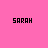 Four pixelated 'SARAH' text icons arranged in a on pink background, each with distinct black/white color variations