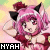 Pixelated anime-style character with pink hair and black cat ears, wearing a red dress, holding hands near chest against pastel background.