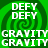 Green background with dark green spiral patterns and repeated white text reading "DEFY" and "GRAVITY" in pixelated font.