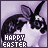 A 3-frame animated contact sheet showing a black-and-white rabbit with purple, blue, and green backgrounds, each frame displaying "HAPPY EASTER" text in white pixelated font over the rabbit's chest.