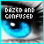 identical blue eyes with black pupils and white highlights, each overlaid with the text "DAZED AND CONFUSED" in pixelated font