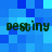 Blue pixelated background with four instances of the word 'destiny' in dark green text arranged in a pattern