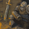 Pixel art animation of a knight in armor sitting by a fire with swords, displayed as a 4x4 contact sheet of 16 frames.