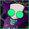 Animated sequence of a cartoon alien with green eyes and purple background showing changing expressions and text.